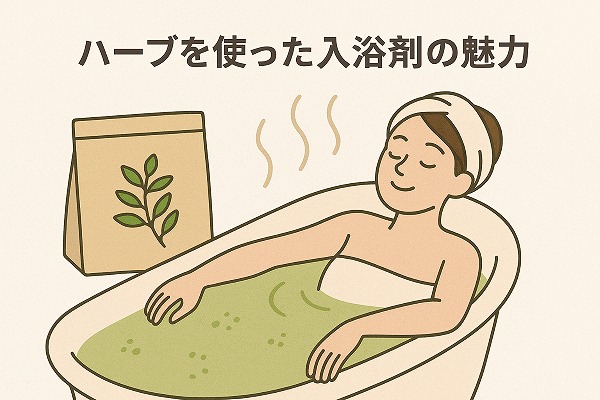 ハーブを使った入浴剤でリラックスしている女性のイラスト